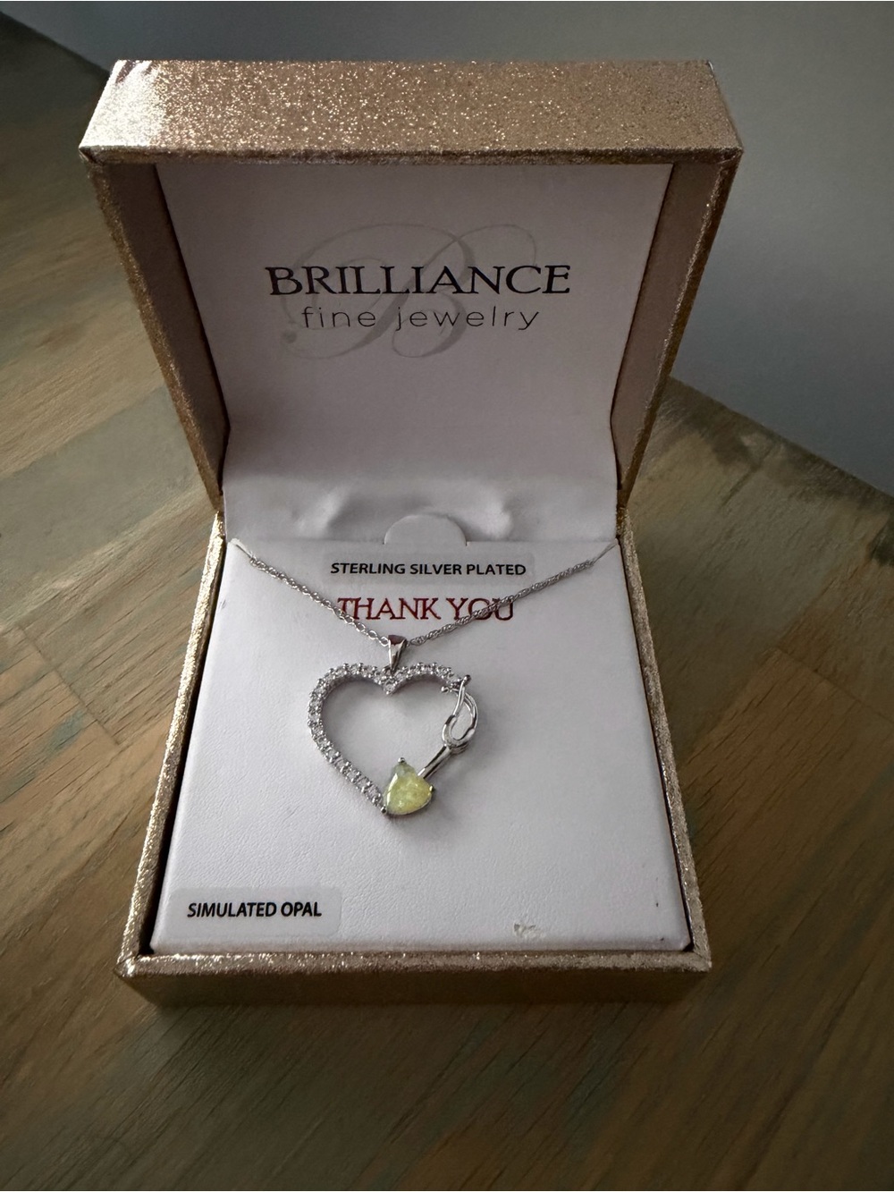 Sterling Silver Plated Heart Necklace with Yellow Simulated Opal